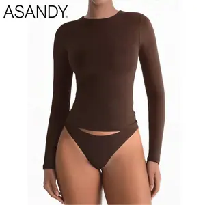 ASANDY Women's Crew Neck Long Sleeve Plain Polyester Top - Stretchy, Seamless, Slim Fit Basic Tee with Elegant Silhouette, Versatile Style for Daily Layering & Casual Streetwear