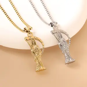 Stainless Steel Santa Muerte Pendant Necklace - Elegant Design with Unique Artwork