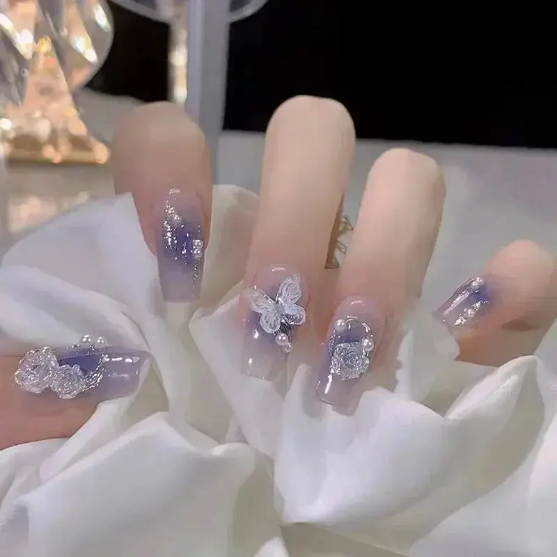 24Pcs Blue 3D Butterfly Coffin Fake Nails Art Long Ballet Detachable