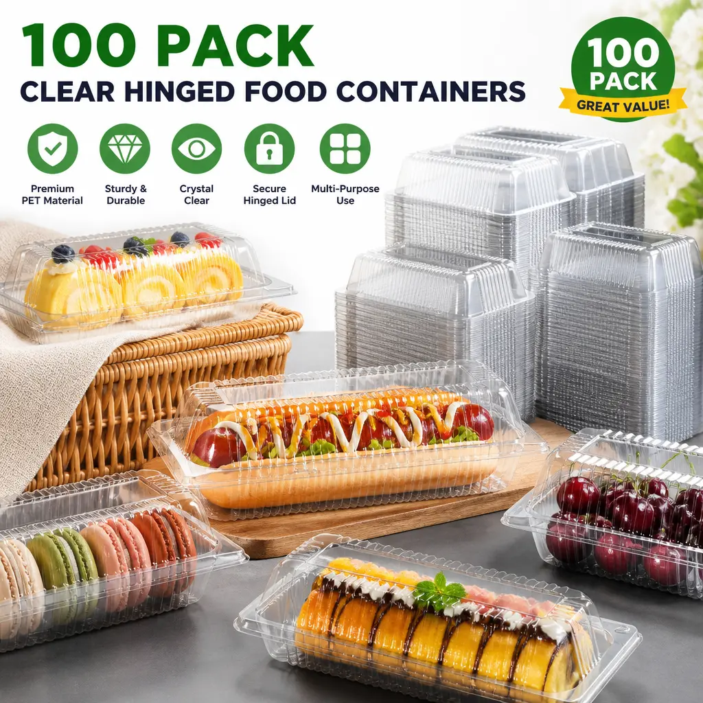 100 Pcs Disposable Transparent Plastic Hinged Lid Clamshell Food Boxes - Flip Top Disposable Dinnerware for Party Cake, Swiss Roll - Leakproof, Stackable Bakery Storage