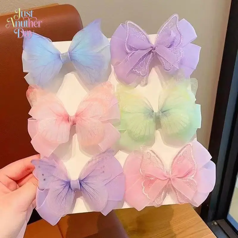 2pc Kids Colorful Tulle Bow Hair Clips, Super Fairy Organza Butterfly Hair Accessories for Little Girls, Princess Style Back of Head Clips for Toddlers