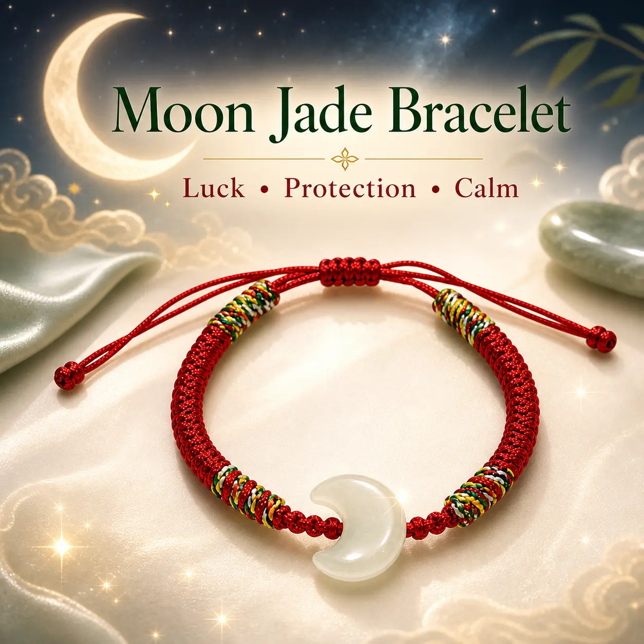 【NEW】Jade Moon Shape Bracelet – Red String Adjustable Lucky Charm Bracelet - Crafted from Natural Nephrite Hetian Jade | Yuora Jewelry