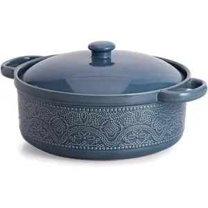 Lace Emboss Casserole Dish with Lid, 2 Quart Oven to Table Ceramic Round Serving Dish with Handles for Dinner and Party, Thanksgiving Christmas Gifts(Grayish Blue)