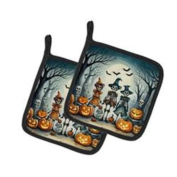Spooky Halloween Calacas Skeleton Pot Holders, Set of 2 - 0.3"h x 7.5"w x 7.5"l Thick 100% Polyester Fabric, Black Trim, Printed Oven Kitchen Linens, Hanging Durable Full Color Textiles