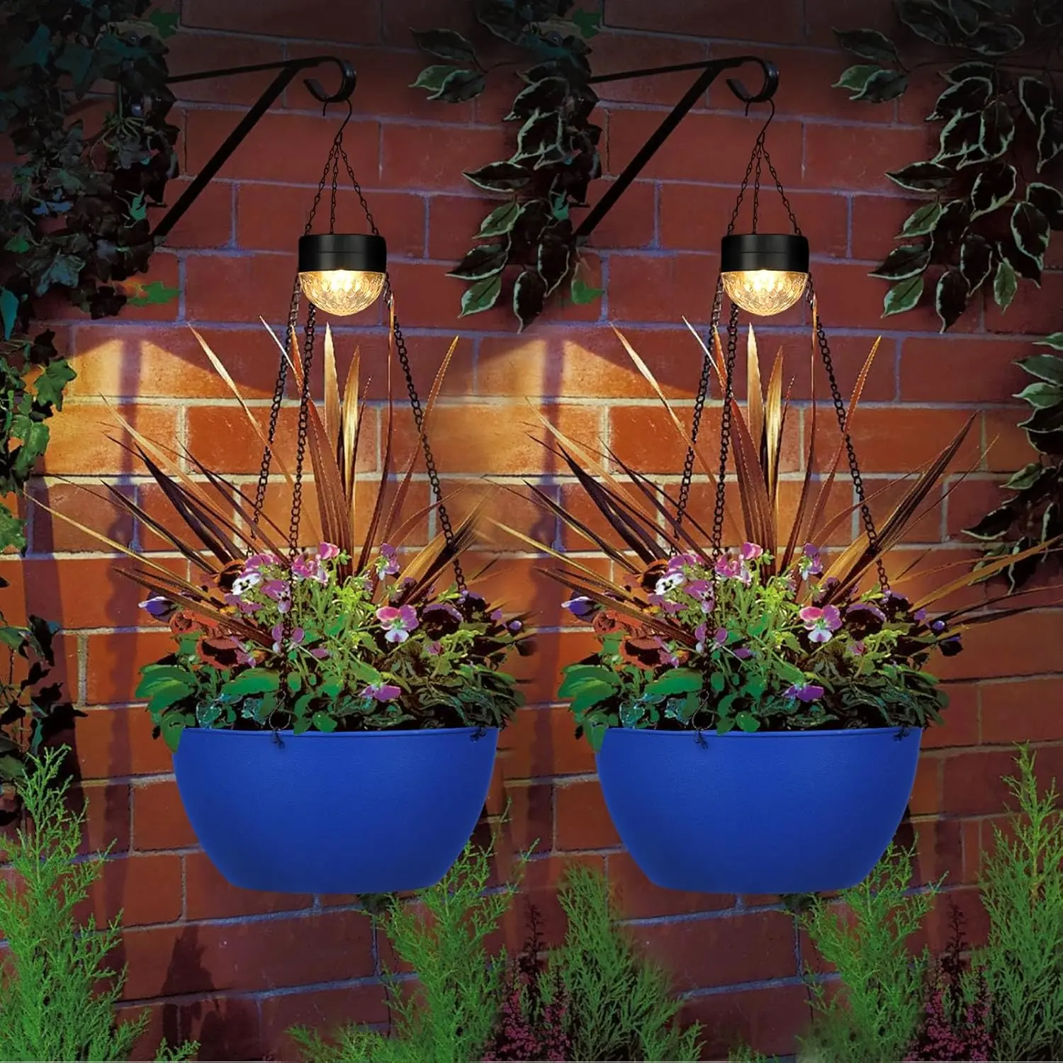 2-Pack Synthetic Hanging Baskets with LED Light - Self-Watering Blue Round Plastic Flower Pots & Planters, 28 Inches Tall, with Drainer for Balcony Patio Garden Outdoor Decoration