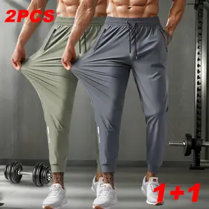 Men’s 3-Pack High-Stretch Breathable Ice Silk Jogger Pants with Drawstring and Zippered Pockets — Casual Pants for Fitness, Running, and Cycling