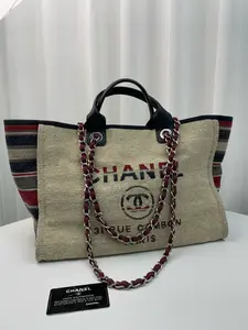 Pre-owned CHANEL canvas Tote Bags Beige Striped Leather Trim Silver Hardware Tote Bag