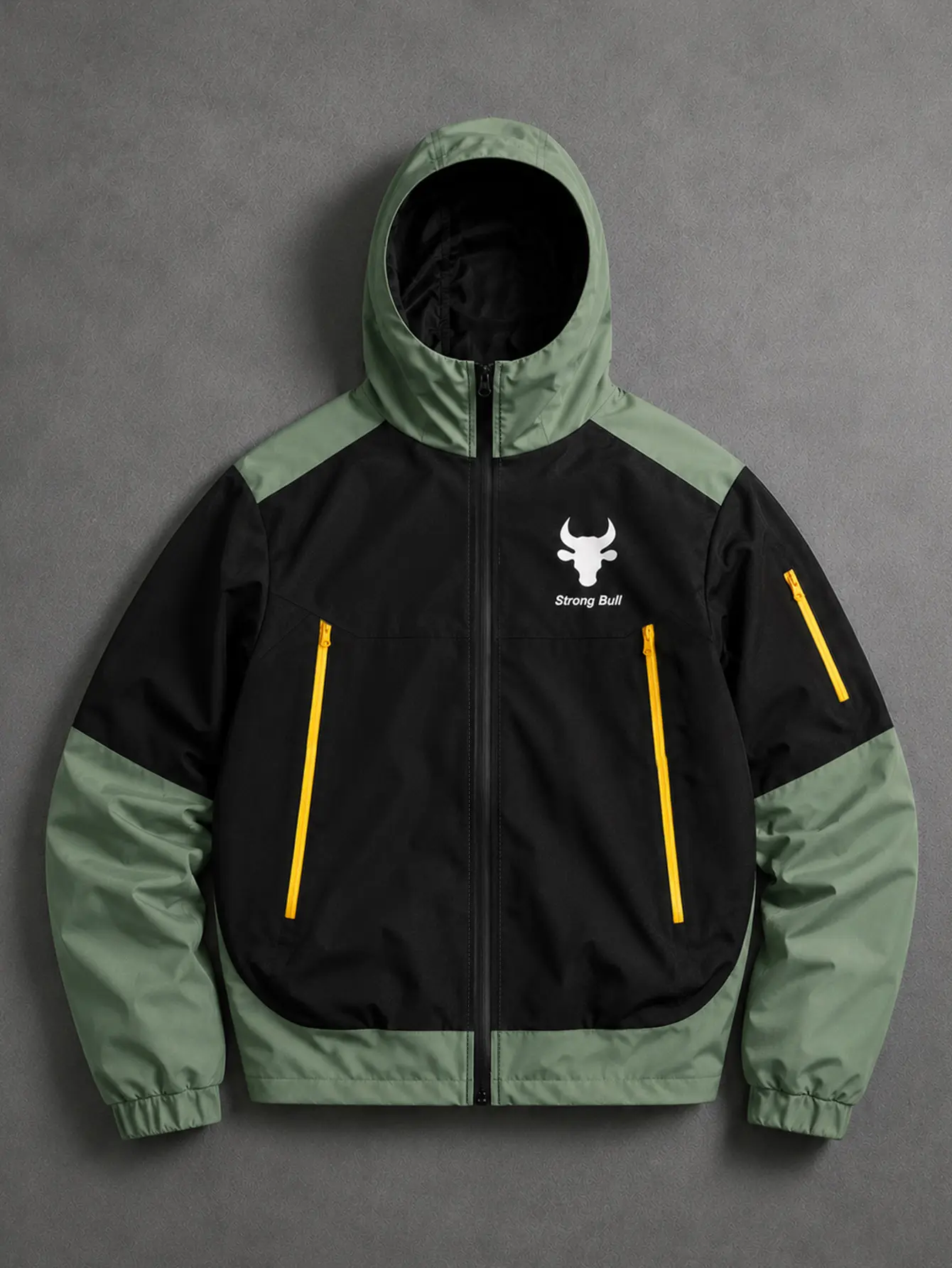 Men’s black-and-green colorblock jacket with bull print, hooded windbreaker made from waterproof woven fabric, adjustable hood, elastic cuffs at the sleeve openings, and a hem with stretch. Suitable for hiking and camping, everyday commuting, and American