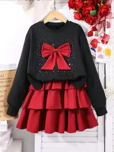 Youth Girls T-Shirt Set with Heat Transfer Print, Layered Skirt, Casual Fall Winter Fashion, Versatile Daily Wear