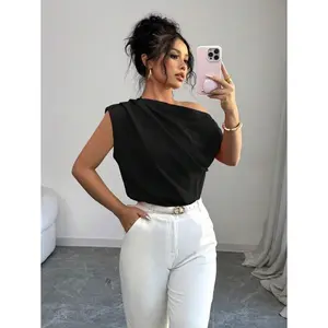 WomenElegantCommuterSolidColorRuffleShoulderBlouse