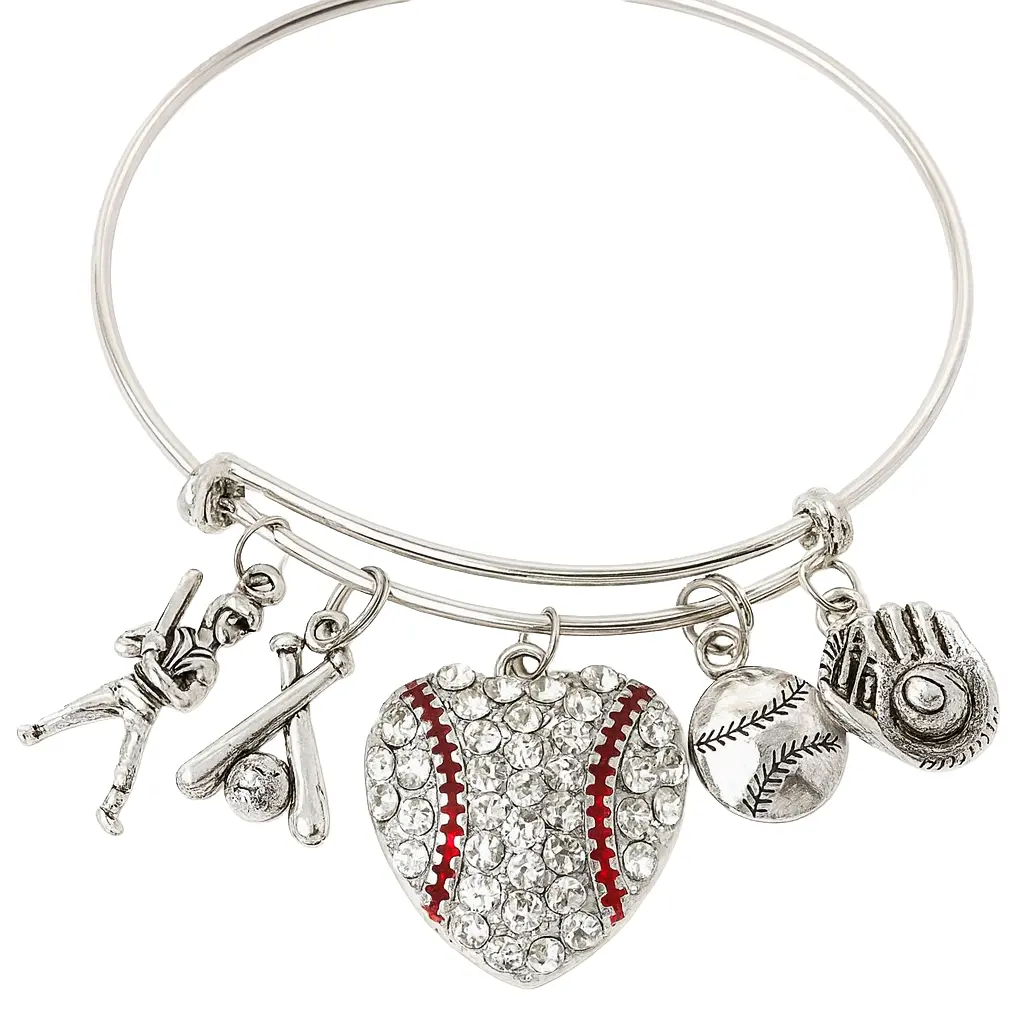 Baseball Charm Bangle Bracelet – Silver Plated Expandable Bracelet with Batter, Bat, Glove, and Rhinestone Heart Charms – Personalized Gift for Baseball Lover