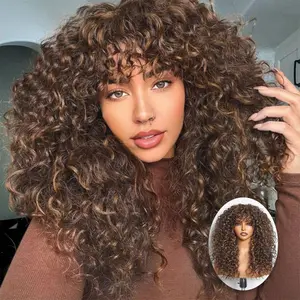 Shaggy Haircuts Highlight Brown Curly Synthetic Wig with Bangs Glueless Synthetic Bang Wigs with Realistic Scalp Put On ang Go Beginner Friendly 20 Inch