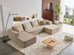 ModMood compress  sofa Sectional with Ottoman U-Shaped Modular Sofa 133x70" Corduroy Convertible Sleeper Space-Saving Design 7 Free Pillows for Living Room 3-Pack Delivery CozyGamer Nights Family Gatherings Comfy Cloud Couch family living room