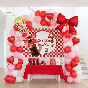 She's Ready to Pop Baby Shower Decorations Ready to Pop Baby Shower Party Supplies Set with Backdrop 80 Balloons bow Heart-shaped Popcorn balloon Red Cola Theme Reusable Decor