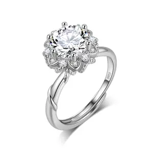 Fasjewly Flower Rhinestone Decorated Ring Luxury Gorgeous Ring for Women Cubic Zirconia Silver Ring for Women, Fashion Jewelry, Birthday Gift Daily Clothing Decor with Adjustable