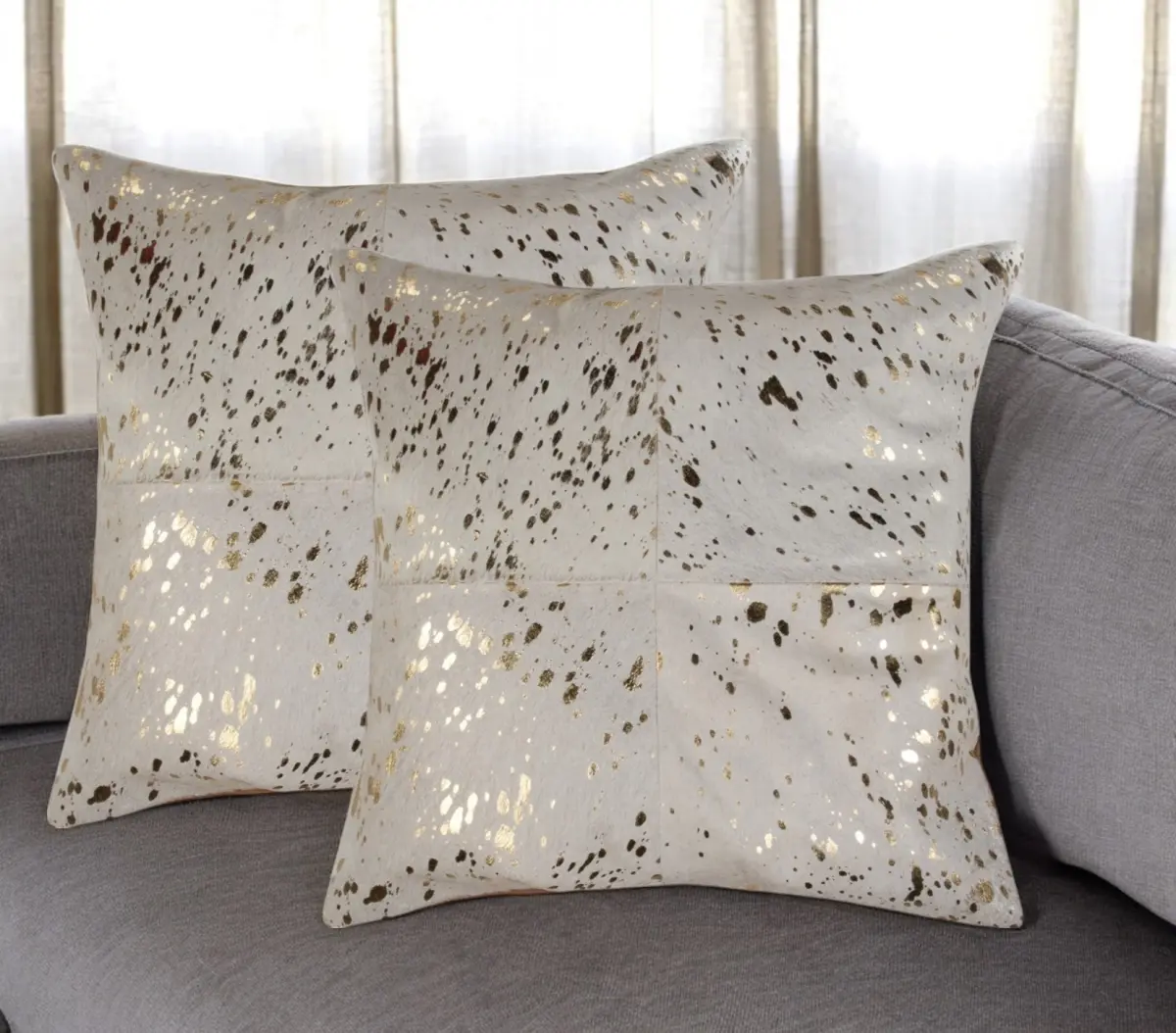 360 stand 18x18 Cushion Covers, Natural & Gold Abstract Cowhide Throw Pillows with Glitter - Set of 2 (18 in. Cushion Cover Set for Home Decor), 18X18 Cushion Cover