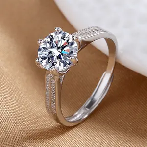 Sterling Silver Ajustable Clear Cubic Zirconia Double Row Six Claw Rings-Promise Ring For Women Engagement Wedding Ring Opening Accessories Party Jewelry Valentines, Jewelry Fashion Luxury Ring For Gift