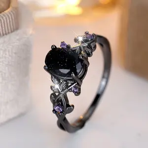 Black Gold Egg-Shaped Blue Crystal Sand Edge Purple Ring Vintage Personality Light Luxury Style Niche Ring