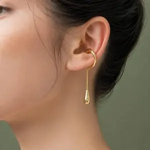 Teardrop Dangle Ear Cuff No Piercing Earring  18k Chain Drop Cartilage Cuff Elegant Birthday Gift for Her