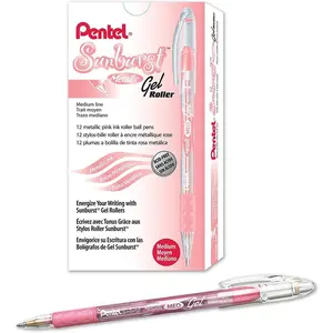 Pentel Sunburst Metallic Gel Pen, 0.8mm Tip Writes 0.4mm Line, Pink/Transparent Barrel Pink Ink, Box 12 (K908MP)