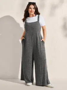 BLOOMCHIC Plus Size Heather Spandex Wide-Leg Jumpsuit - Stretchy, Sleeved, Pocketed Lady Overalls, Fit, Flat Turn-Up Design, [M-6X]2026 Summer Vibes