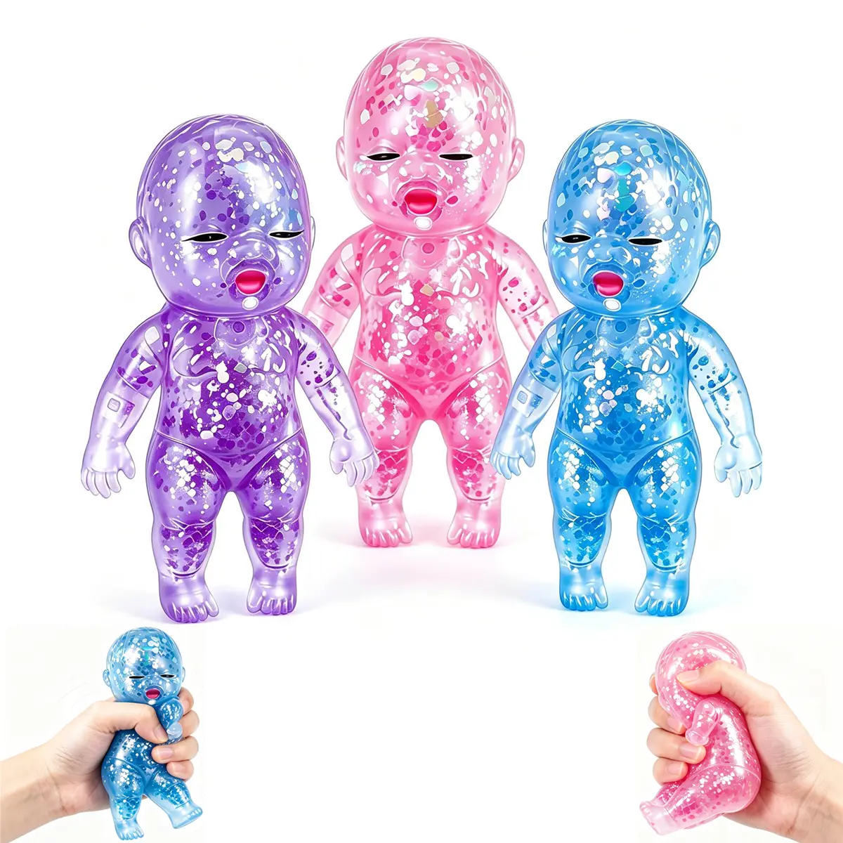 3Pack Squishy Babies Glitter Big Dancing Soft Moldable Slow Rising Sensory Fidget Toy Stress Anxiety Relief for Kids Adults Easter Basket Christmas Stocking Birthday Gifts (Blue+Purple+Pink)