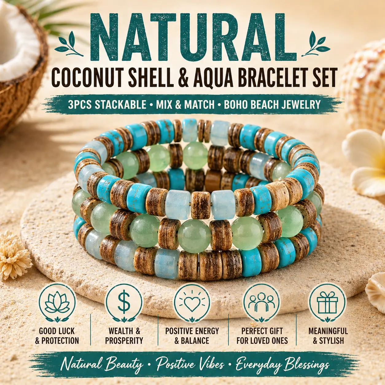 Bracelets for Women, Boho 3-Piece Stackable Set with Turquoise Stone & Wood Beads, Handmade Layered Beach Jewelry for Luck & Protection