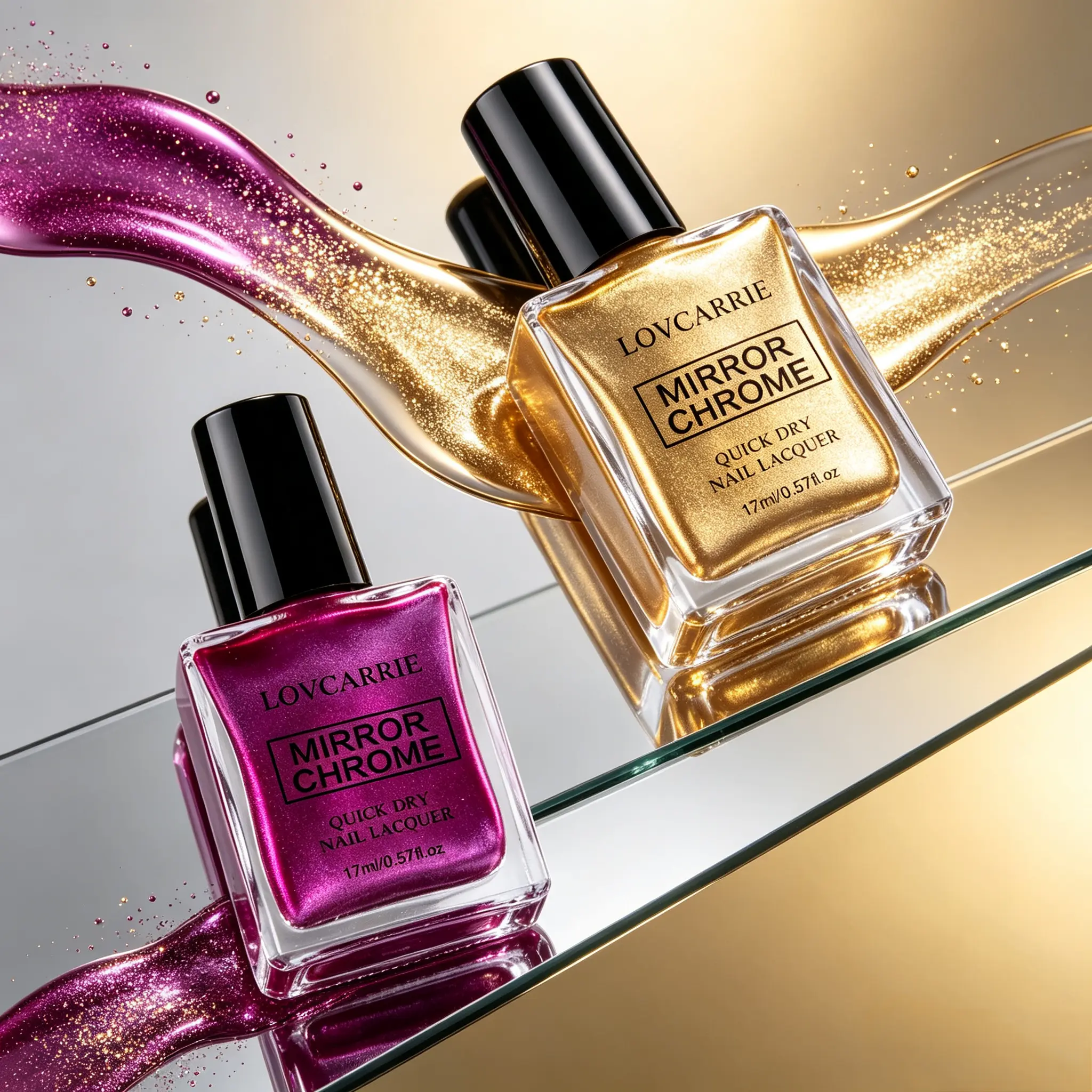 LOVCARRIE Mirror Chrome Nail Lacquer Set Fuchsia & Gold 17ml Each Quick Dry Metallic Mirror Shine Nail Polish Long Lasting Gloss Manicure Varnish for DIY At Home Nail Art