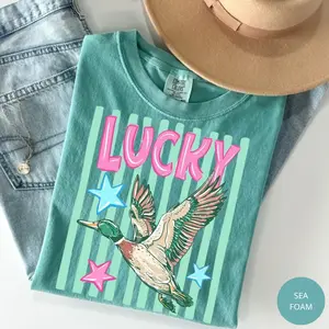 Comfort Colors Lucky Duck Striped Tee, Funny Animal Meme Shirt, Retro Summer Coastal Preppy Stripes, Lucky Shirt, Mallard Duck Shirt Gift for Her, Cotton Fabric