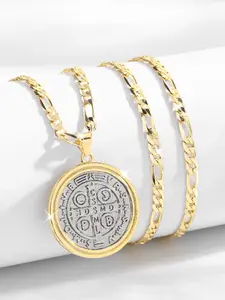 Fashion Punk Saint Benedict Medal Cross Pendant Necklace, Cuban Link Chain, Round Copper Dual Tone Religious Jewelry Gift