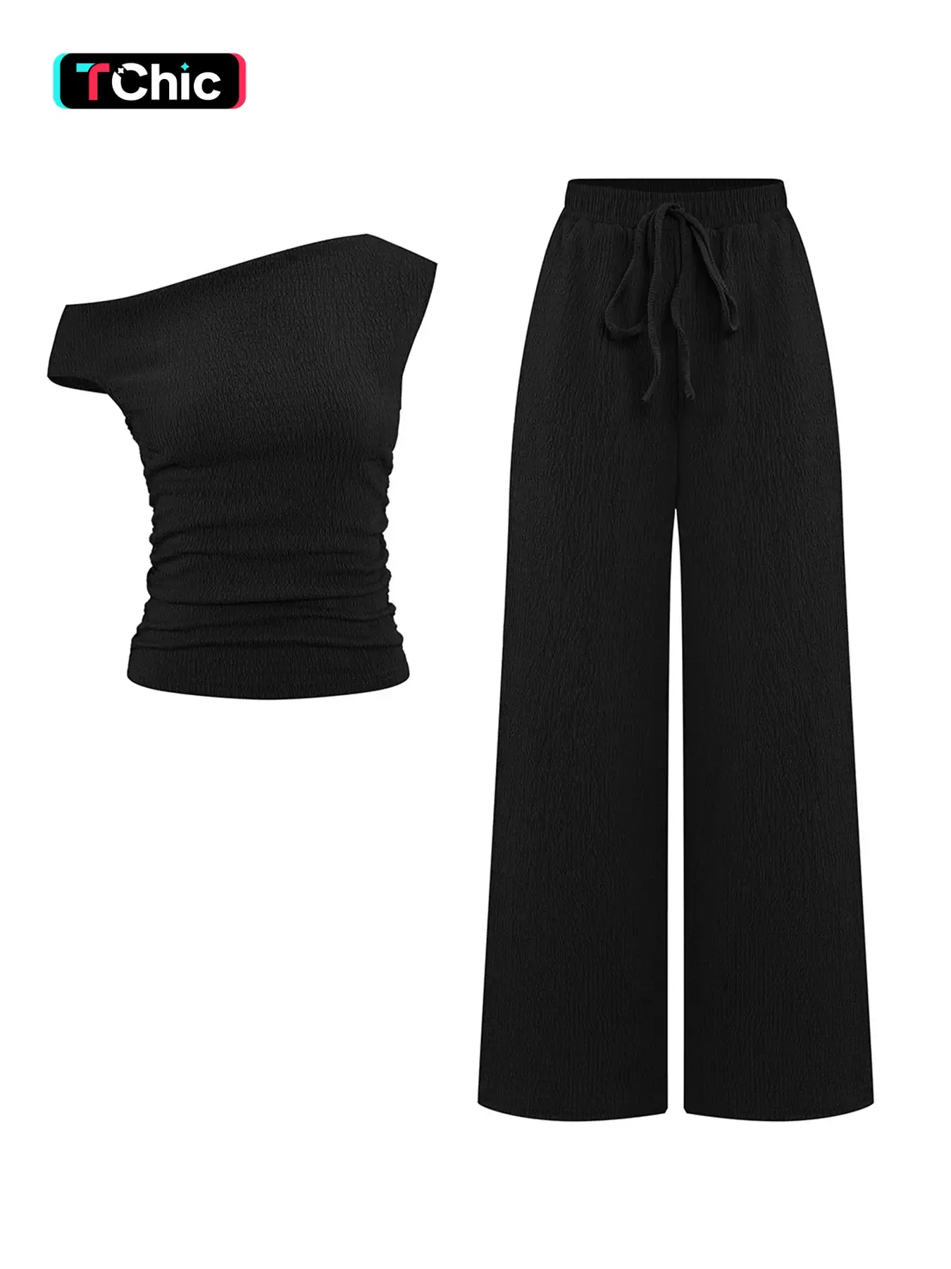 Women's Versatile Solid Color Sloping Shoulder Shirred Slim Top & Wide Leg Trousers Co-ord Casual Lounge Set Womenswear