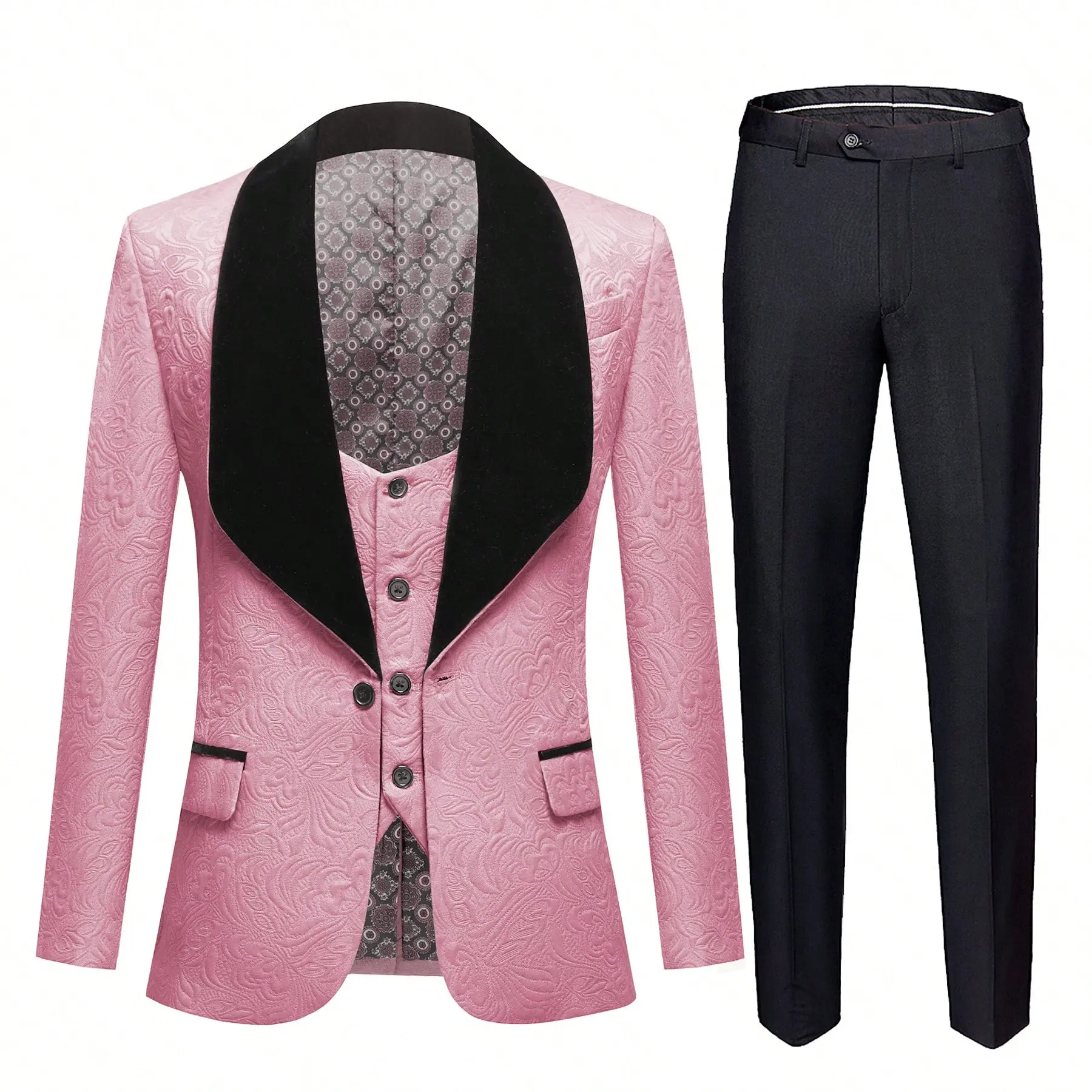 Gentlemen's Three-Piece Pink Jacquard Tuxedo Ensemble Slim-Fit Single-Breasted Shawl Collar Jacket With Matching Vest And Trousers