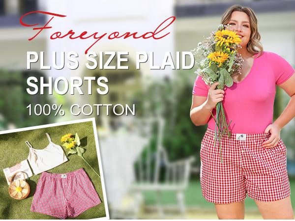 COOTRY【Plus Size】Women's Plaid Print Patched Elastic Waist Shorts, Gingham Boxer Shorts, Checkerboard Print Shorts,Casual Comfy Straight Leg Shorts for Summer,Ladies Bottoms for Daily Wear| Plus Size Fashion|Hide Belly Shorts|Flattering Fit