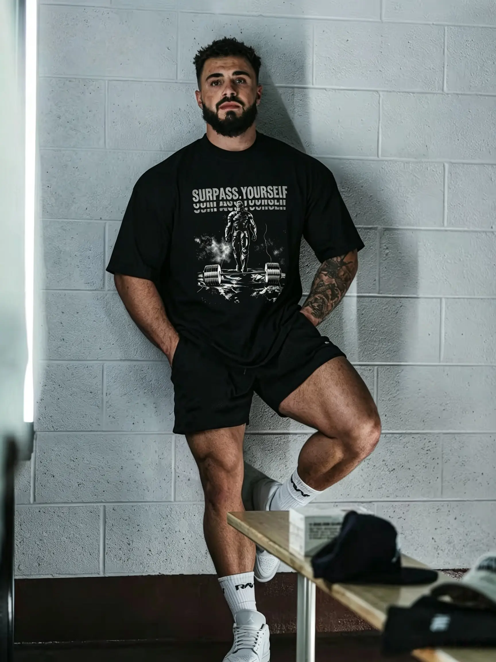 Surpass Yourself Gym Warrior Barbell Graphic T-Shirt For Men, Regular Fit Motivational Fitness Tee, Workout Short Sleeve Top, Cool Casual Outfit For Training, Gym & Daily Wear