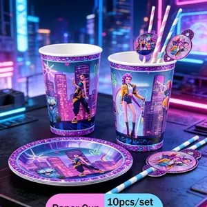 K-POP Cyber Girl-Neon City Theme Party Supplies Set, Disposable Cups, Plates, Straws for Kids' Parties, Birthday Celebrations, Event Decorations