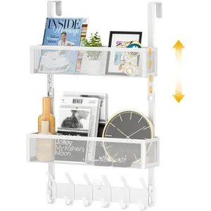 Adjustable Over The Door Hooks Organizer - 10 Coat Hooks, 2 Mesh Baskets, White for Bathroom, Bedroom, Kitchen
