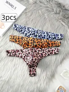 Men's Leopard Print Thong Underwear Set, Daily Casual Underwear, Low Waist Comfortable Skin-Friendly, Casual Office Wear, All-Season Fashion