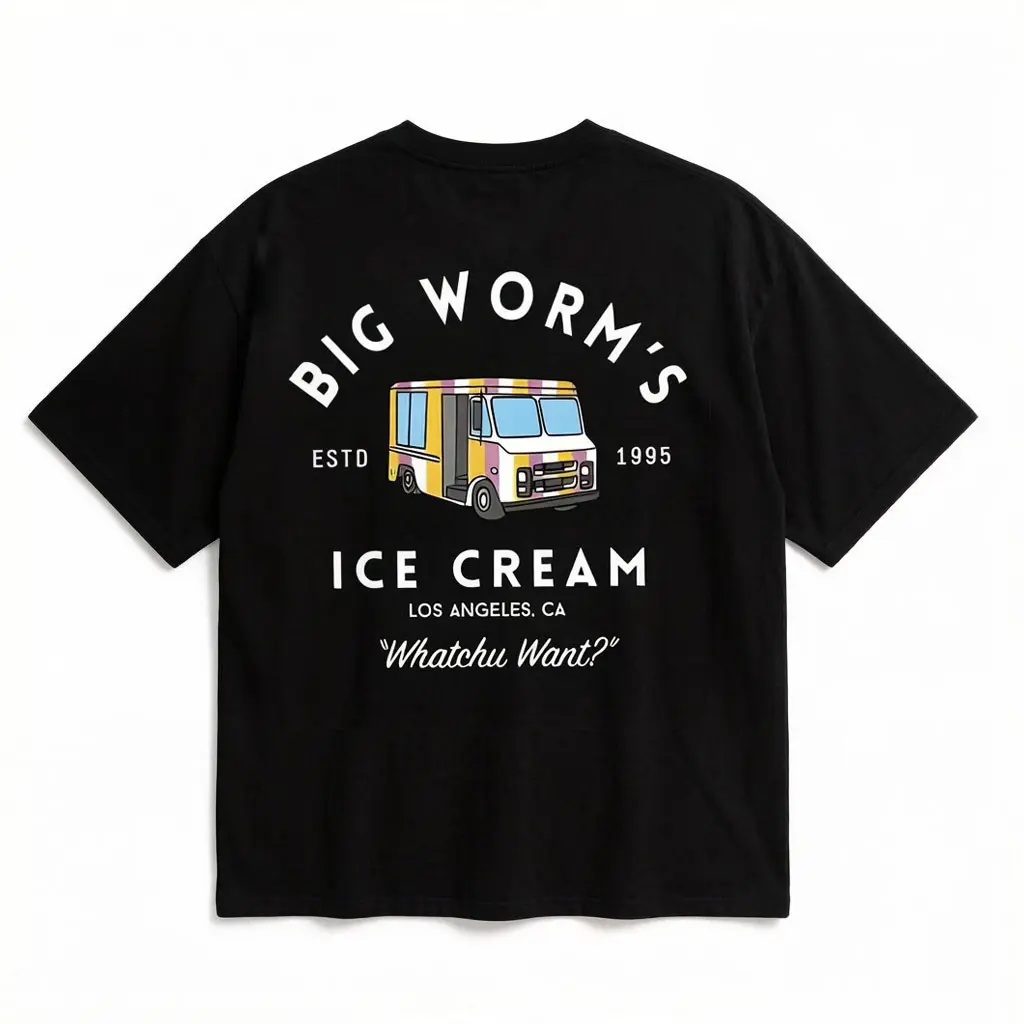 Big Worm's Ice Cream Unisex T-Shirt Retro Truck Graphic 'Whatchu Want?' Quote Fun LA Streetwear Crewneck Breathable Soft Comfy Fitted Menswear