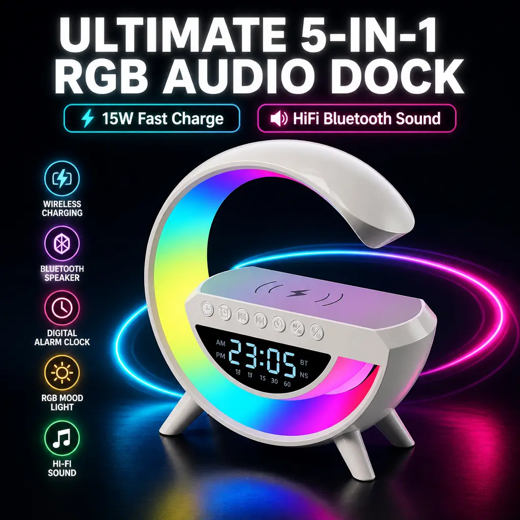 G-Type Multifunctional Music Light Speaker - ABS Plastic Portable USB+BT Device with Button Control, Wireless Charging, RGB Lighting, Alarm Clock, Smartphone Compatibility, Streaming Support, Ideal for Room Gadgets, Bedrooms, Desktops, Music Light