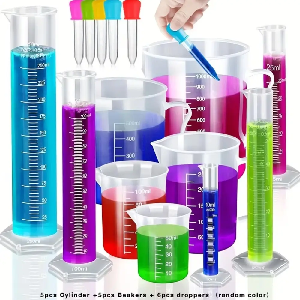 Plastic Graduated Cylinder Set with 5 Plastic Beakers, Practical Durable Measurement Tools for Chemistry Labs & Science Experiments