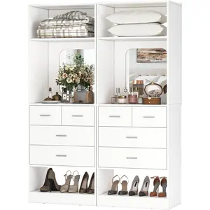 Unikito 50 Inch Closet System with Drawers, 4FT Wood Closets Organizer with Mirror Design, Freestanding Heavy Duty Walk in Closet Towers for Bedroom, Max Load 1000 LBS, Easy Assembly, White