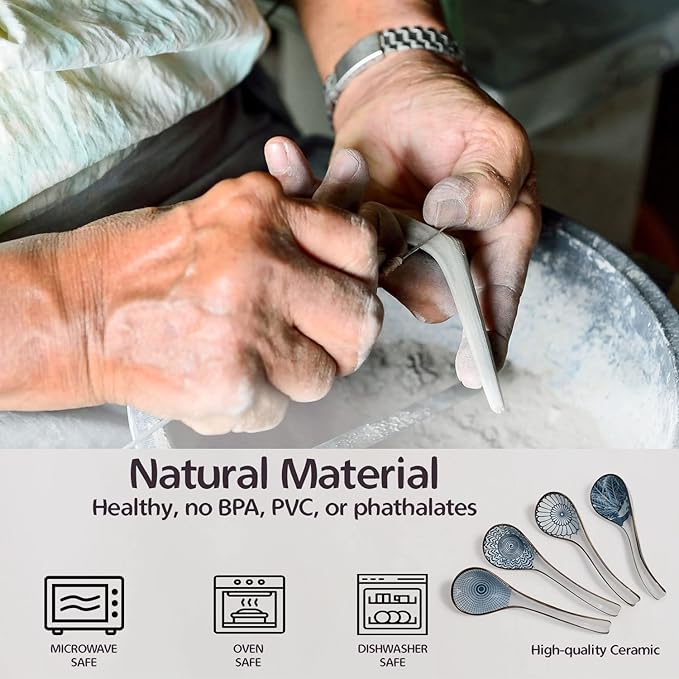 Asian Ceramic Soup Spoon, with Long Handle Easy to Hold, Non-slip Bottom, for Japanese Ramen, Chinese and Vietnamese Wonton, Noodle Soup Spoons (V86) Tableware Cutlery