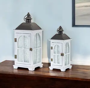 HomeRoots 517616 White & Black Glass Wood & Metal Ornate Floor Lantern Candle Holders - Set of 2