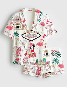 Las Vegas Watercolor Casino Pajama Set, Dice Flamingo Skyline Print Sleepwear, All-over Print Kid and Youth Satin Short-Sleeve Pajamas Set