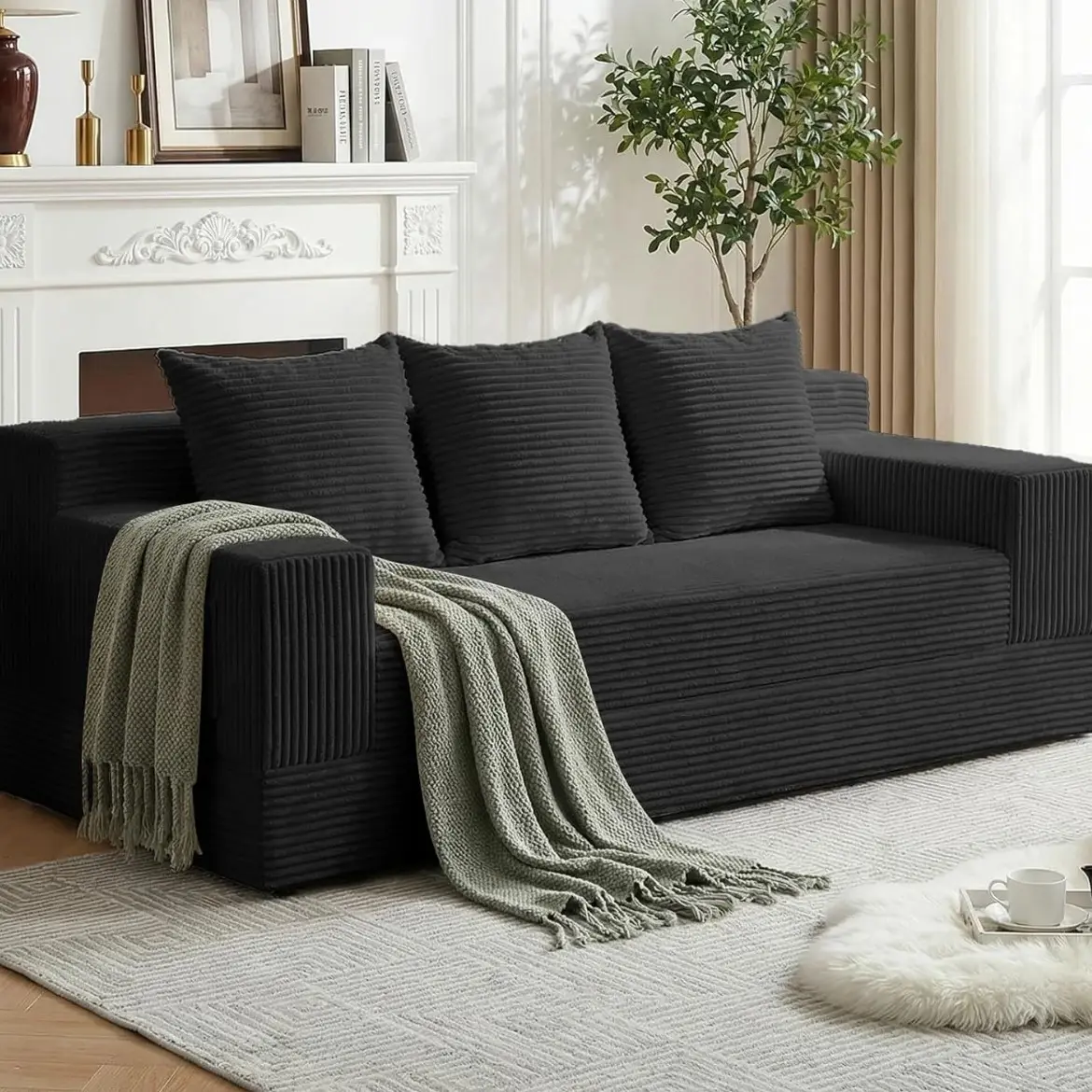 Winzoo 79" Comfy Corduroy Boneless Modern Sofa - Oversize Convertible Sleeper Couch Futon Bed with 3 Pillows for Living Room, Bedroom