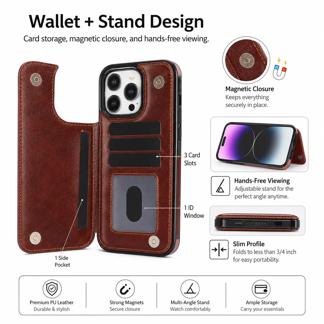 PU Leather Flip Wallet Phone Case with Card Slots Holder, Shockproof Plastic TPU Cover for Protection, Compatible with iPhone 17Air/17/16/15 Pro Max/14/13/12/11 Mini/XR/7/8 Plus/SE 2020/2022