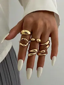 Women's Fashion Streetwear Old Money Style Water Drop Joint Ring Set, Simple Liquid Alloy Open Finger Rings Collection, Statement Rings