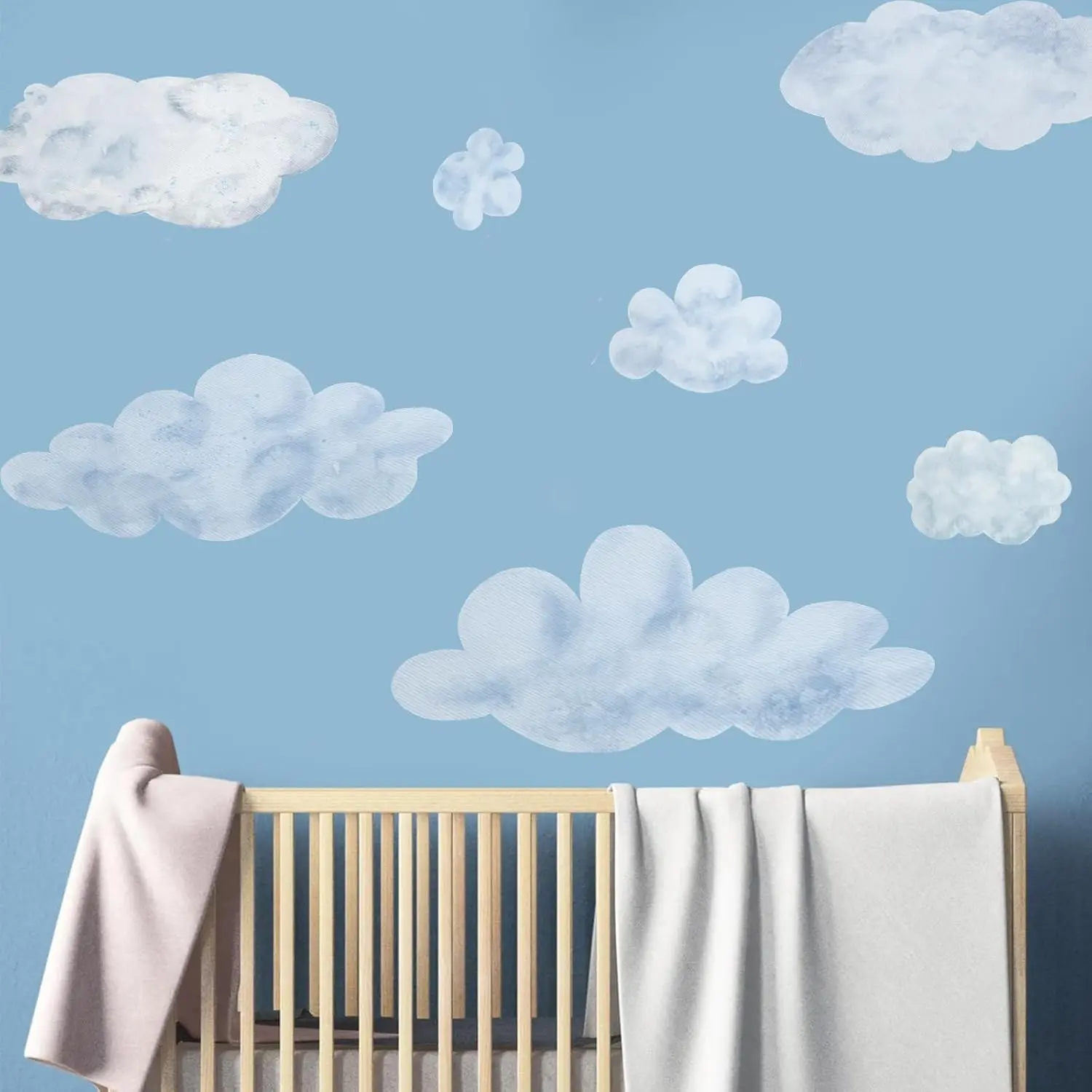 Large Cloud Wall Decals for Room Ceiling, 7-Piece Dusty Blue & Soft White Cloud Stickers, Nursery Wall Decor, Faux Cloud Wallpaper for Kids Playroom & Bedroom and Furniture