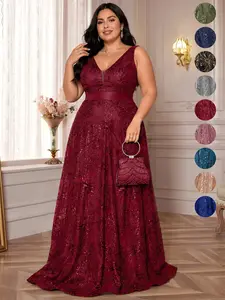 Multi-color Plus Size Women Sequins Embroidery Ribbon Splice Evening Dress, V-neck Big A-line Swing Elegant Formal Dress, Long Sleeve Luxury Heavy Decor Dress For Wedding Cocktail Party Mother Of Bride Banquet Birthday Ceremony