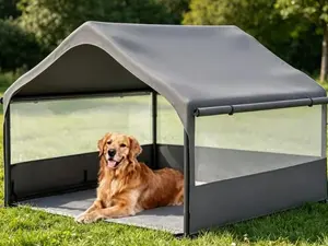 Extra Large Outdoor Dog Kennel Tent, 4'x4'x3.3' Gray Pet Shelter with 3-Sided Mesh Windows, Breathable Sun-Rain Cover, Canopy and Ground Stakes for Dogs, Livestock